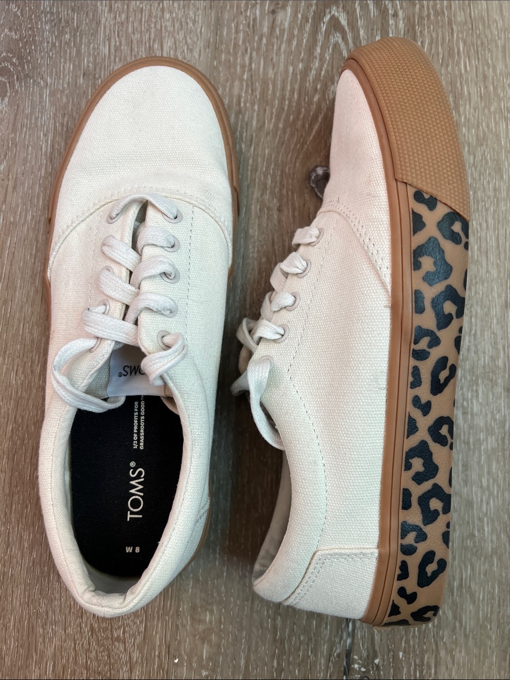 Toms - Cream Canvas Sneakers with Leopard-Print Trim, Size 8, Great Condition!